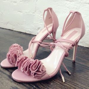 Dusty pink ruffle high heel sandal W/ ankle tie